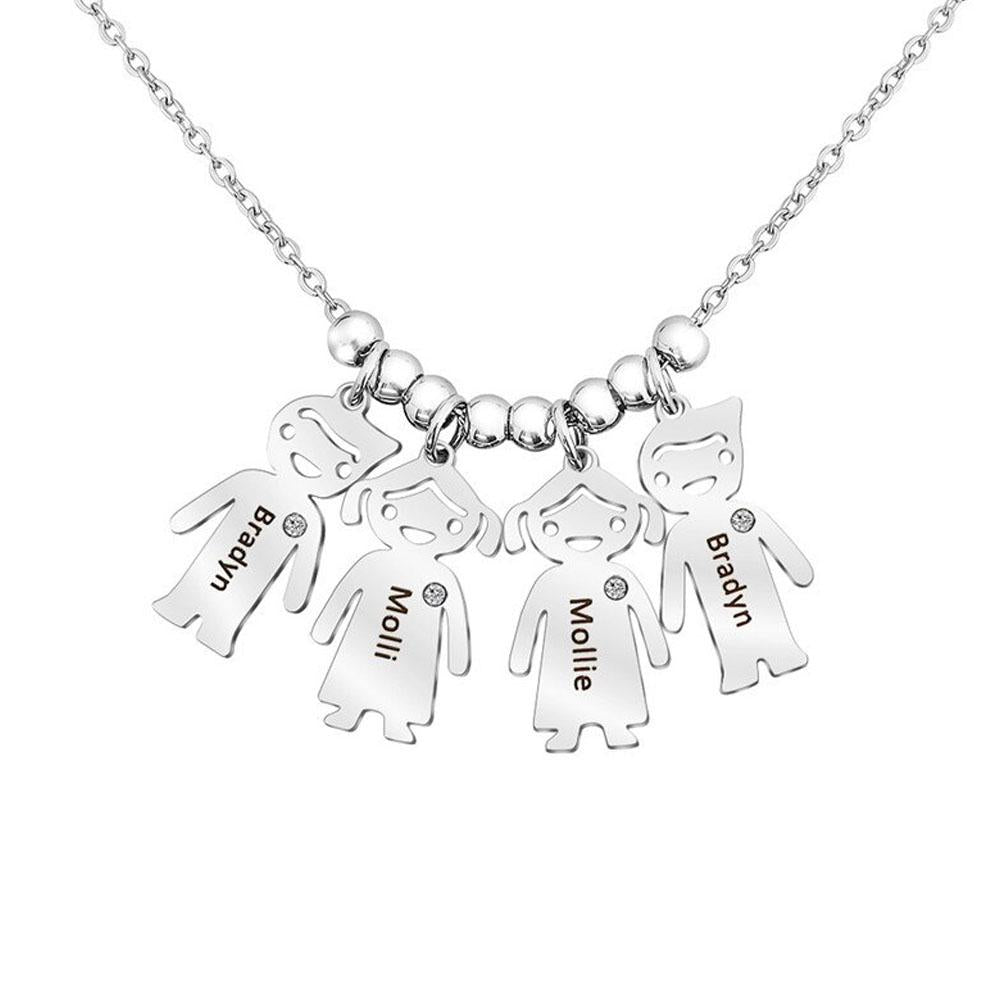 My Children Engraved Sterling Silver Necklace - 4 Custom Name & Birthstones